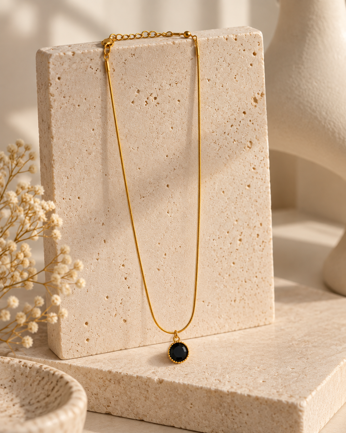 Black Stone Pendant Necklace for Women | Minimalist Gold-Tone Necklace | Anti-Tarnish Jewellery