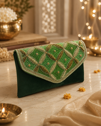 Green Handcrafted Embellished Clutch Bag | Party & Wedding Clutch