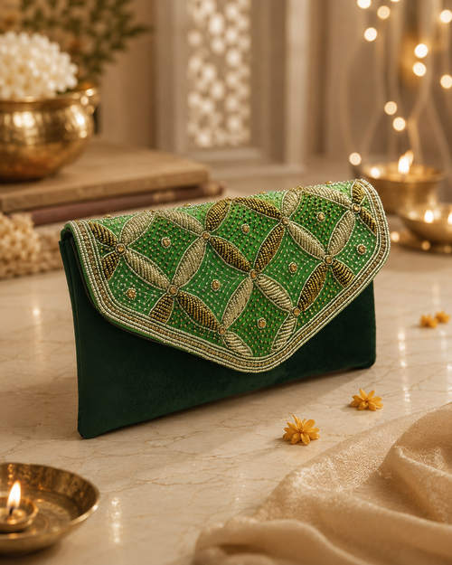 Green Handcrafted Embellished Clutch Bag | Party & Wedding Clutch