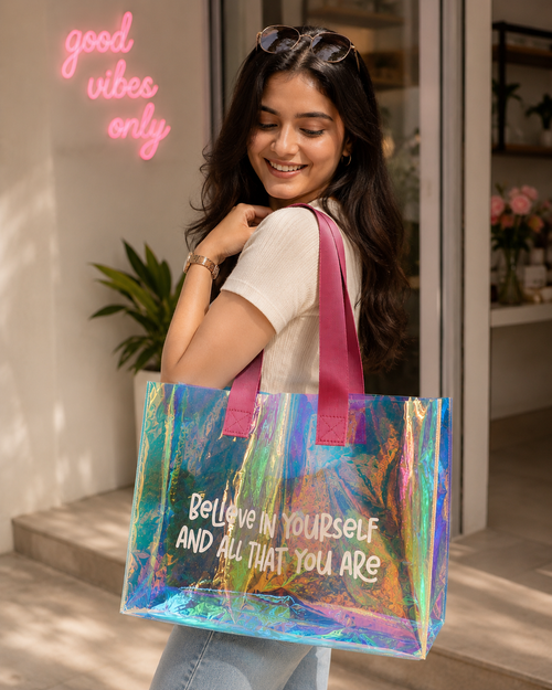 Aurora Transparent Tote Bag | Holographic PVC Shoulder Bag | Waterproof Everyday Shopping & Beach Tote