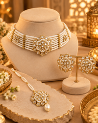 Pearl Style Choker Necklace Set for Women with Matching Statement Earrings, Multi-Strand Ethnic Jewellery for Wedding and Festive Wear