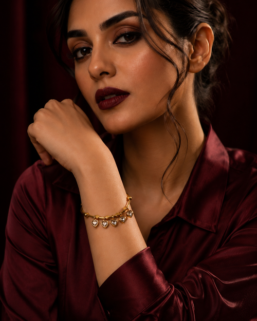 Anti Tarnish Heart Charms Bracelet for Women | Gold-Tone Heart Charm Bracelet | Cute Romantic Jewellery for Girls | Stylish Everyday & Party Wear