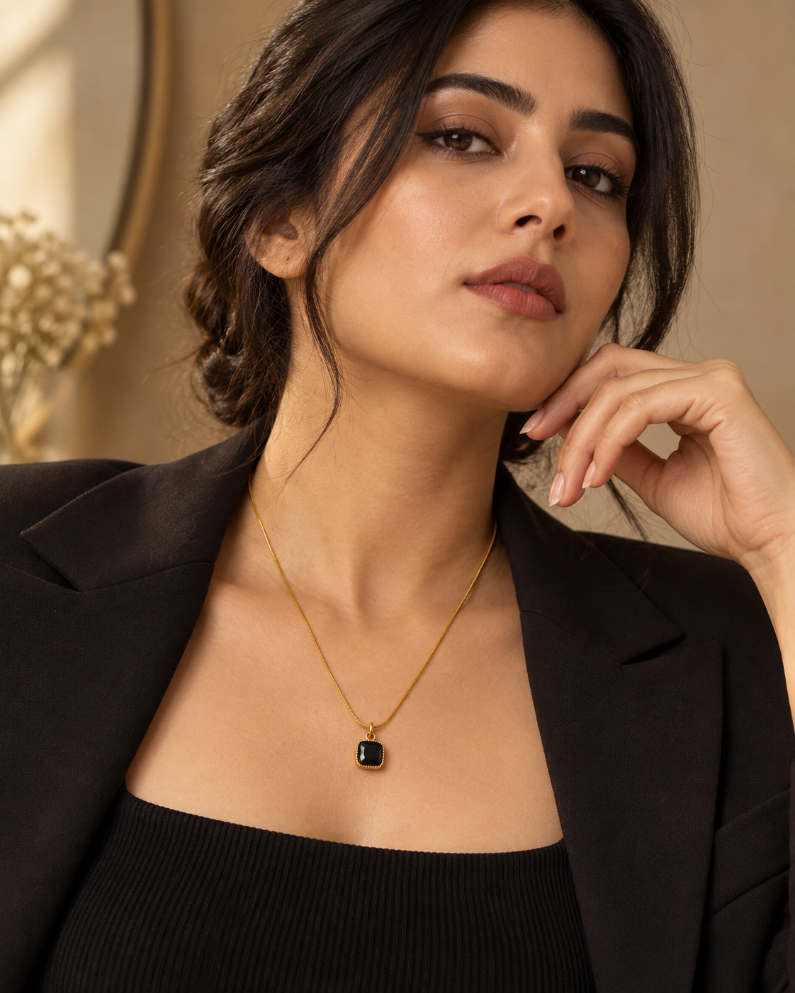 Black Stone Pendant Necklace for Women | Minimalist Gold-Tone Necklace | Anti-Tarnish Jewellery