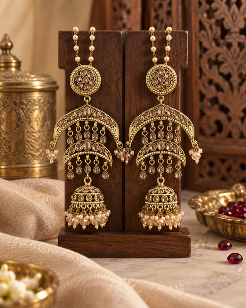 Jhumka Earrings for Women, Traditional Indian Ethnic Chandbali Jhumki Earrings with Pearl Details, Statement Jewellery for Wedding, Festive & Party Wear