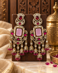 Premium Festive Indian Earrings for Women, Heavy-Look Lightweight Statement Earrings with Pink & Red Stones and Pearl Detailing for Karwa Chauth, Diwali, Weddings & Functions