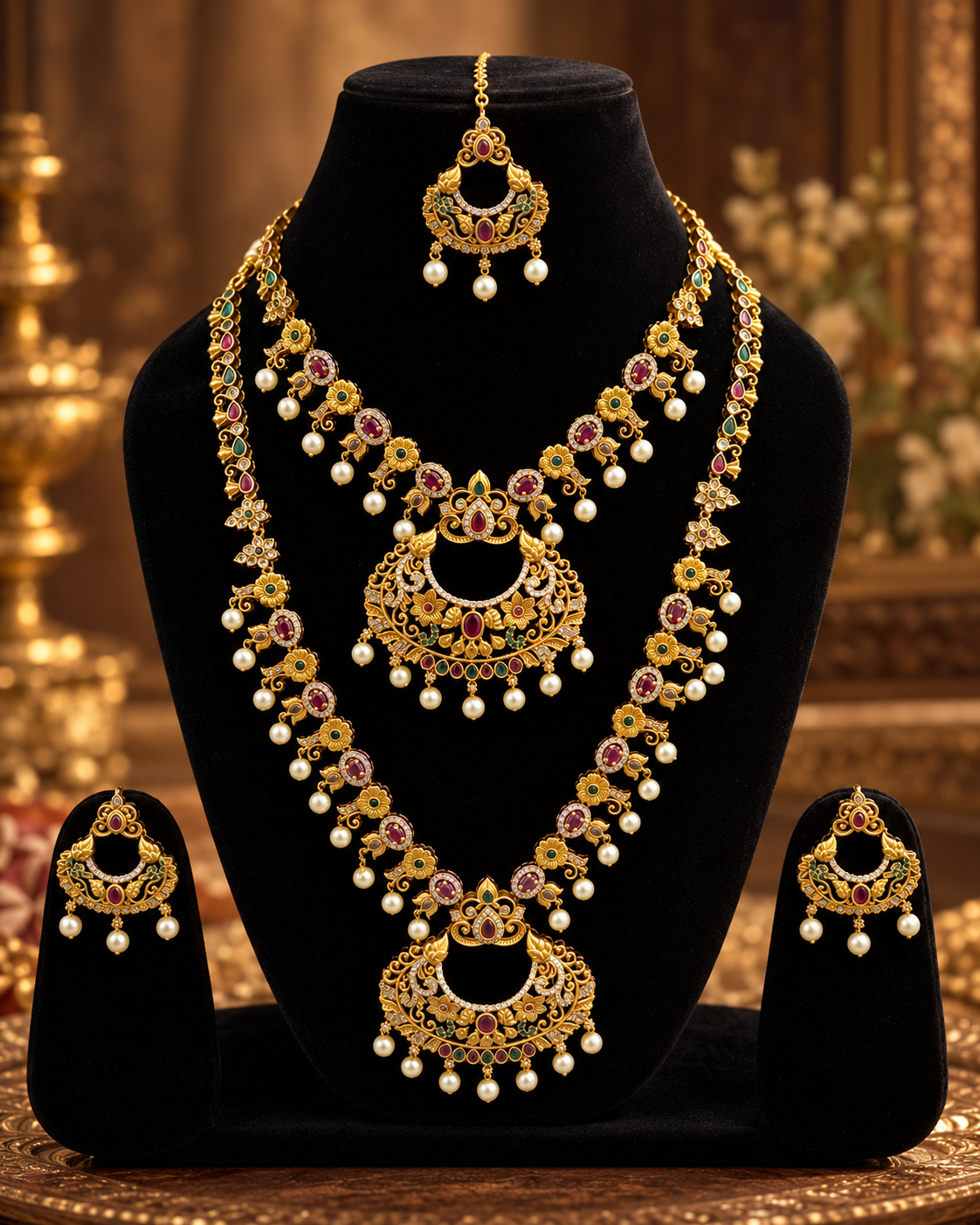 South Indian Style Necklace Set for Women, Multicolour Gold-Look Temple Jewellery with 2 Necklaces, Earrings & Maang Tikka, Traditional Wedding & Festive Jewellery