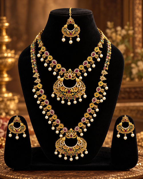South Indian Style Necklace Set for Women, Multicolour Gold-Look Temple Jewellery with 2 Necklaces, Earrings & Maang Tikka, Traditional Wedding & Festive Jewellery