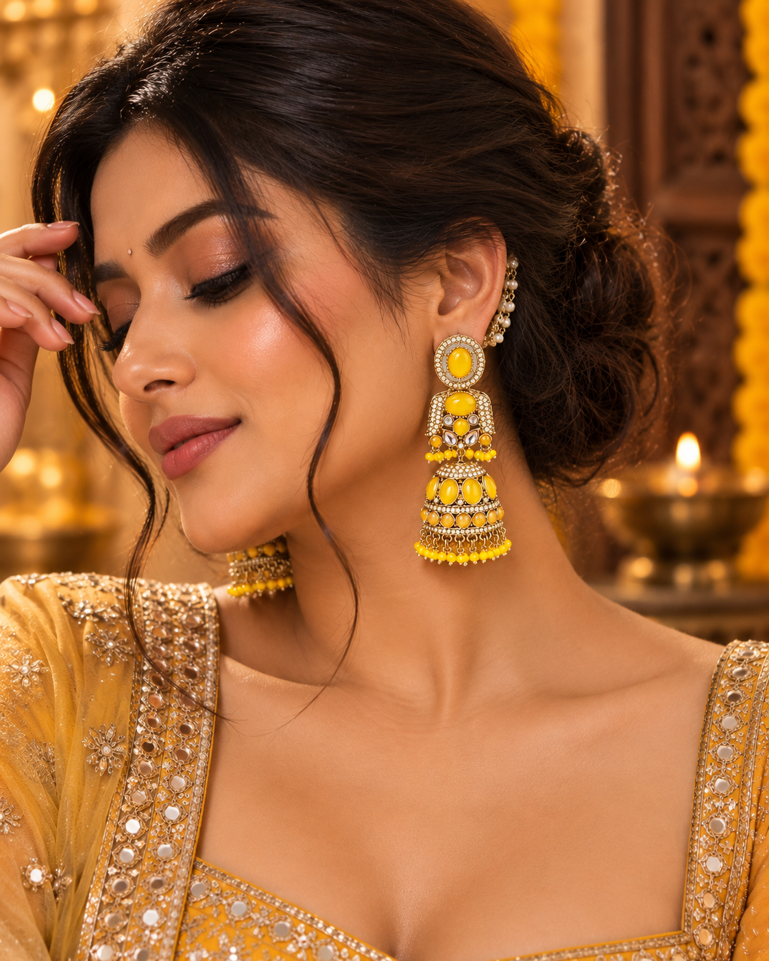 Traditional Pearl Chain Jhumka Earrings with Hair Chain for Women – Gold-Tone Ethnic Festive Jewellery | 3 Colour Variants