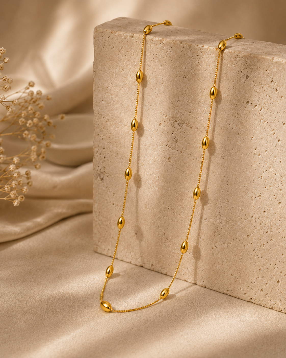 Gold Oval Bead Long Necklace for Women | Dainty Beaded Chain Necklace | Elegant Minimalist Jewellery