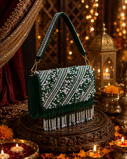 Pearl Embellished Velvet Handbag | Bridal & Party Sling Purse