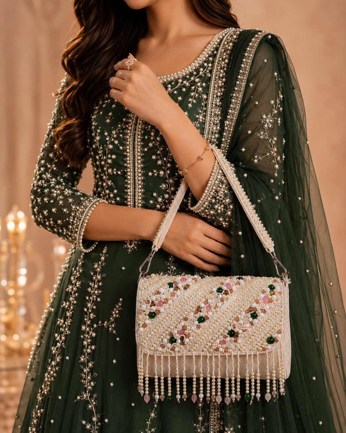Pearl Embellished Velvet Handbag | Bridal & Party Sling Purse