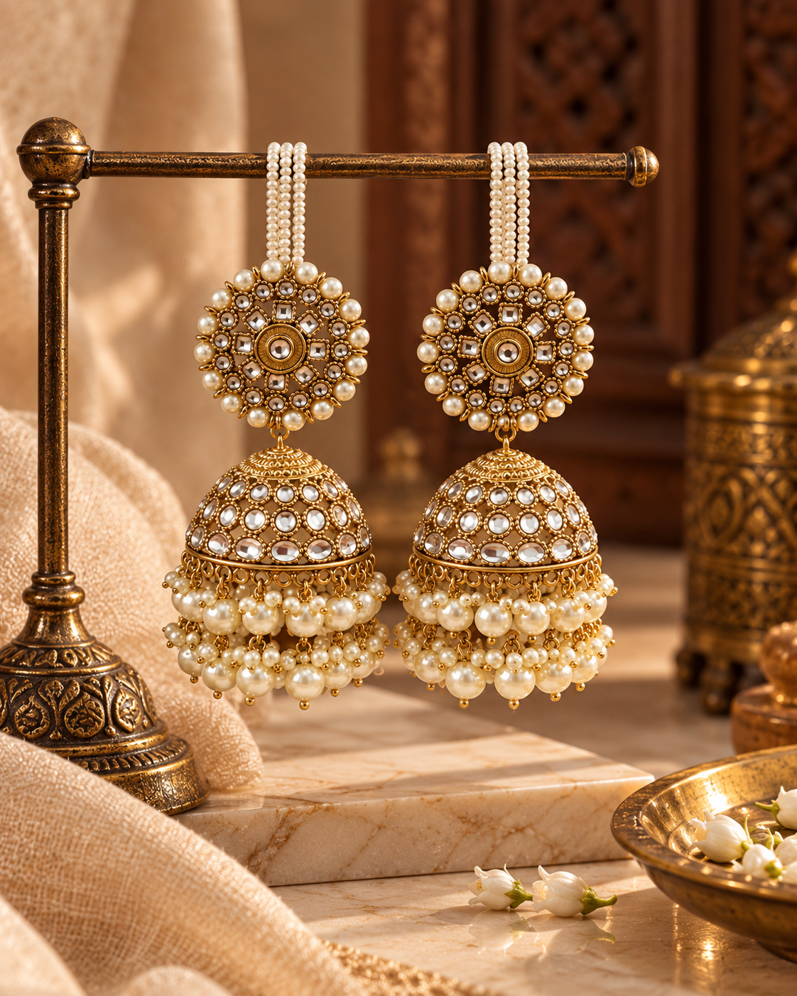 Premium Jhumki Earrings for Women, Pearl & Stone Studded Traditional Indian Ethnic Earrings for Karwa Chauth, Wedding, Diwali, Festive & Party Wear