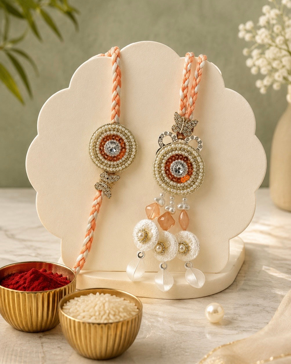 Handmade Bhaiya Bhabhi Rakhi Set with Roli Chawal | Peach Designer Lumba Rakhi | Premium Raksha Bandhan Gift