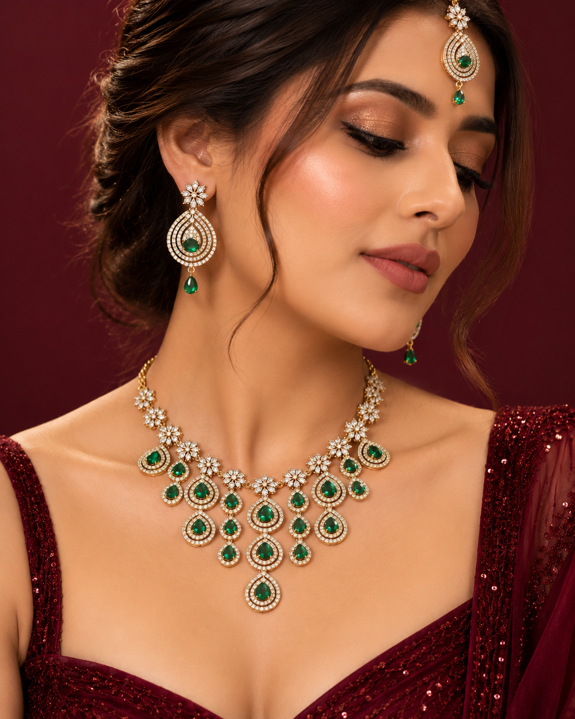 Premium AD Necklace Set for Women with Earrings & Maang Tikka, Heavy Festive Jewellery Set for Wedding, Karwa Chauth, Diwali & Party