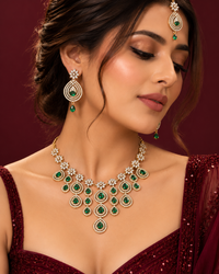Premium AD Necklace Set for Women with Earrings & Maang Tikka, Heavy Festive Jewellery Set for Wedding, Karwa Chauth, Diwali & Party