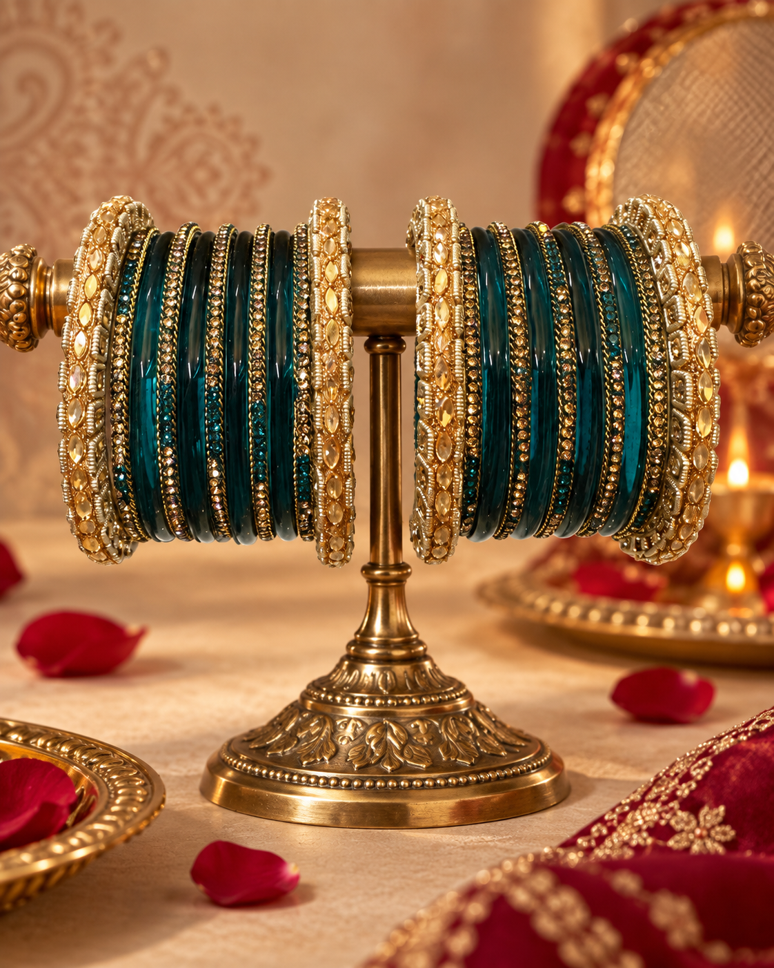 Teal Green Glass Bangles Set for Women, Designer Kangan Choodiyan with Gold-Tone Stone Work, Traditional Ethnic Jewellery for Wedding & Festive Wear, Size 2.6