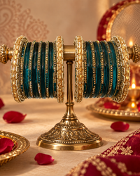 Teal Green Glass Bangles Set for Women, Designer Kangan Choodiyan with Gold-Tone Stone Work, Traditional Ethnic Jewellery for Wedding & Festive Wear, Size 2.6