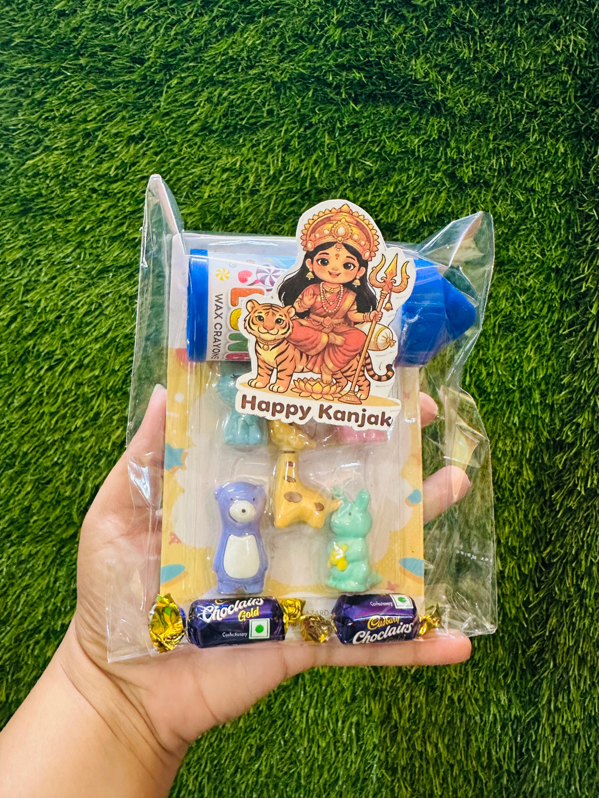 Navratri Kanjak Hamper for Kids, Pack of 12 Gift Sets with Doms Crayons, Fun Animal Erasers and 2 Candies, Kanya Pujan Return Gift for Children