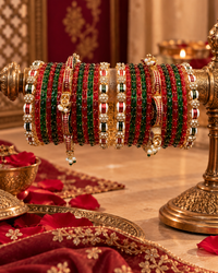 Red Green Rajwada Kundan Bangles for Women, Designer Stone Studded Kangan Set with Traditional Gold-Tone Kadas, Bridal Wedding Festive Jewellery, Size 2.4