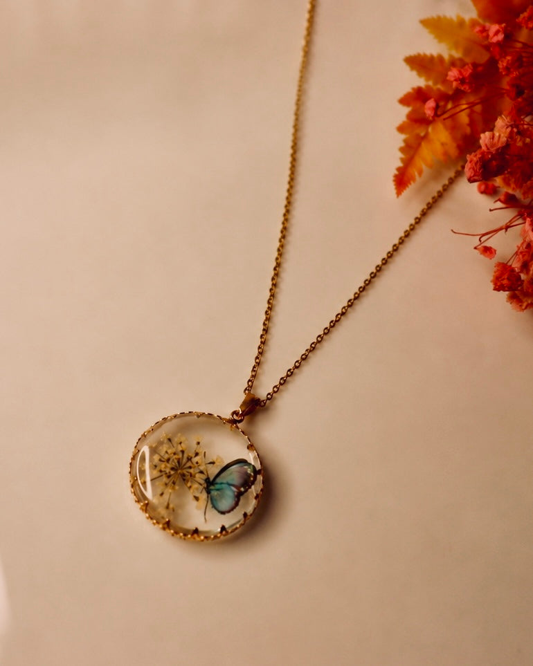 Pinterest-Inspired Anti Tarnish Butterfly Resin Pendant Necklace for Women | Handmade Floral Gold Pendant