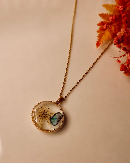 Pinterest-Inspired Anti Tarnish Butterfly Resin Pendant Necklace for Women | Handmade Floral Gold Pendant