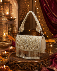 Pearl & Crystal Embellished Velvet Handbag with Detachable Sling