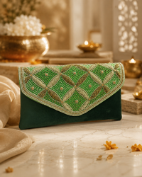 Green Handcrafted Embellished Clutch Bag | Party & Wedding Clutch