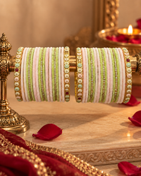 Pastel Bangles Set for Women, Pink & Green Kangan Chooda with Stone Studded Gold-Tone Kadas, Traditional Festive Wedding Jewellery, Sizes 2.4 & 2.8