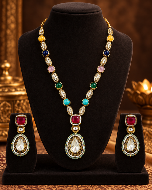 Multicolour Moissanite Necklace Set for Women with Earrings, Heavy-Look Lightweight Indian Ethnic Jewellery for Wedding, Diwali, Karwa Chauth & Festive Occasions
