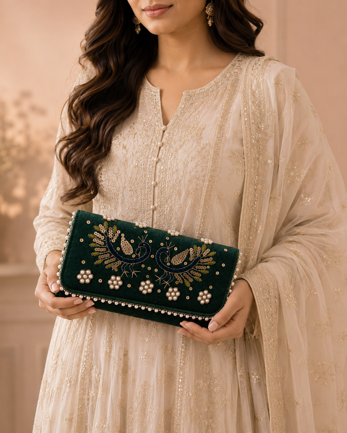 Handcrafted Velvet Peacock Embroidered Clutch for Women with Pearl Work
