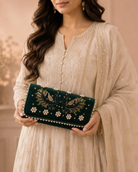 Handcrafted Velvet Peacock Embroidered Clutch for Women with Pearl Work