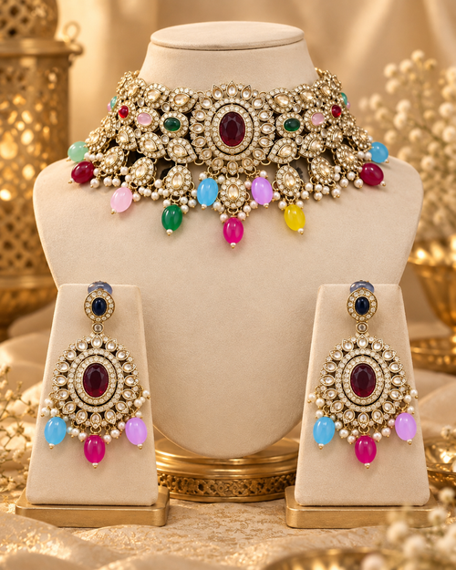 Premium Indian Multicolour Necklace Set for Women with Earrings & Maang Tikka, Heavy-Look Lightweight Festive Jewellery Set for Karwa Chauth, Diwali, Weddings & Parties