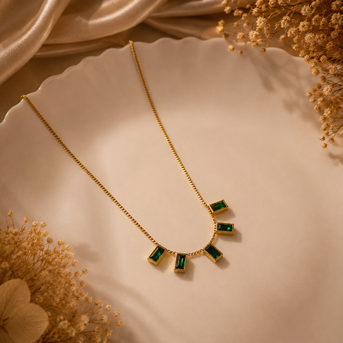 Anti Tarnish Emerald Green Crystal Necklace | Geometric Gold Statement Necklace for Women
