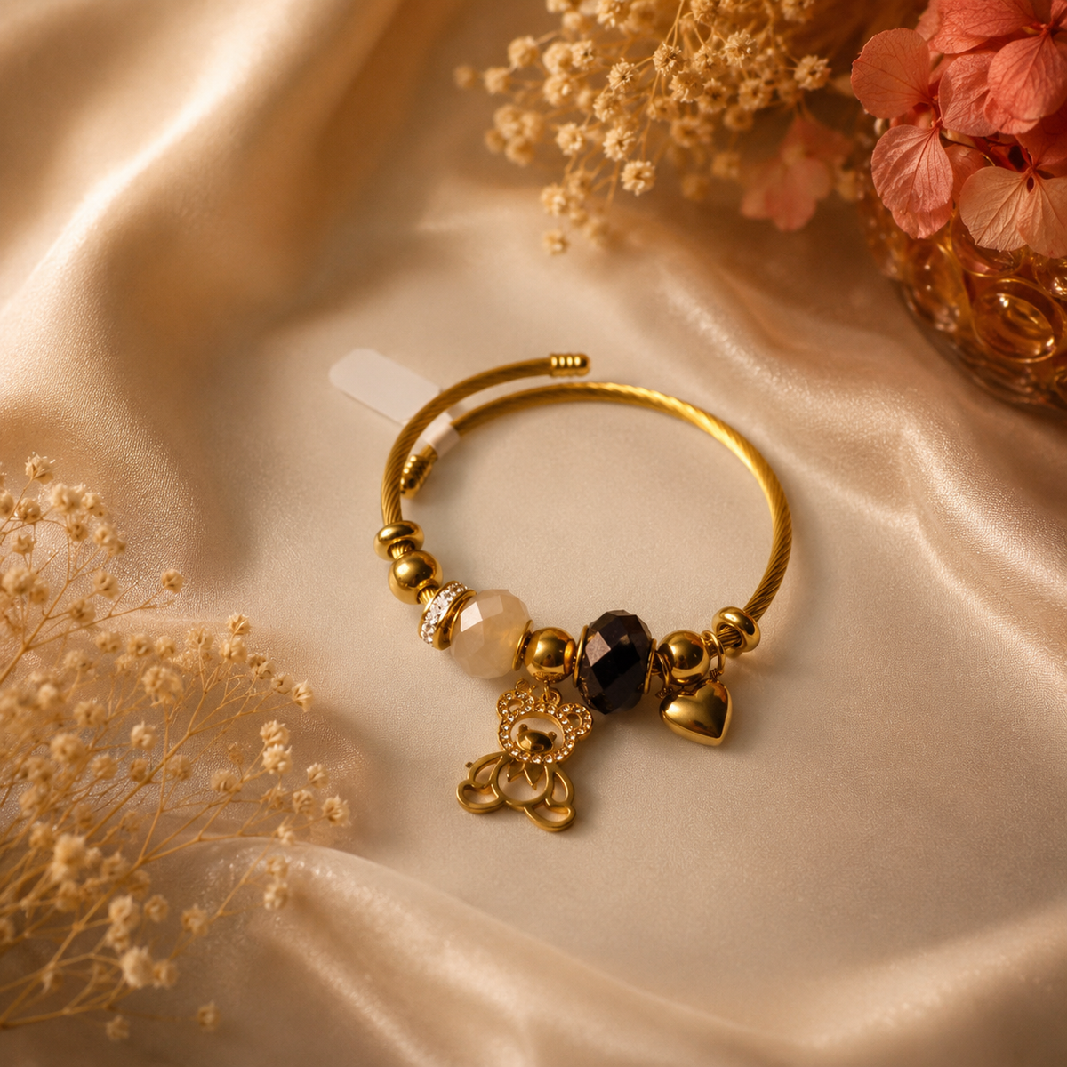 Premium Anti Tarnish Teddy Charm Bracelet for Women | Gold Stainless Steel Crystal Beaded Bracelet | Waterproof Adjustable Tarnish-Free Fashion Jewelry