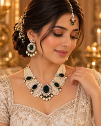 Emerald Green Necklace Set for Women with Earrings, Heavy-Look Lightweight Indian Ethnic Jewellery for Karwa Chauth, Diwali, Wedding & Festive Occasions