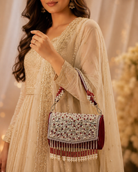 Pearl & Crystal Embellished Velvet Handbag with Detachable Sling