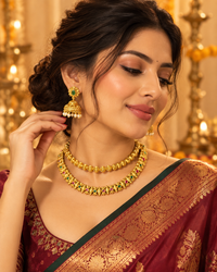 South Indian Style Necklace Set for Women, Multicolour Gold-Look Temple Jewellery with Matching Earrings, Heavy Look Festive Ethnic Jewellery for Wedding, Diwali & Functions