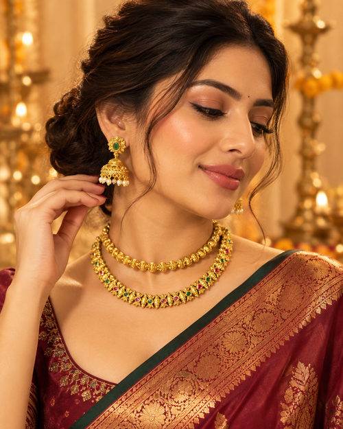 South Indian Style Necklace Set for Women, Multicolour Gold-Look Temple Jewellery with Matching Earrings, Heavy Look Festive Ethnic Jewellery for Wedding, Diwali & Functions