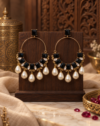 Hoop Earrings for Women, Statement Drop Earrings with Geometric Stones & Pearl Dangles, Gold-Tone Fashion Jewellery for Party, Festive & Wedding Wear