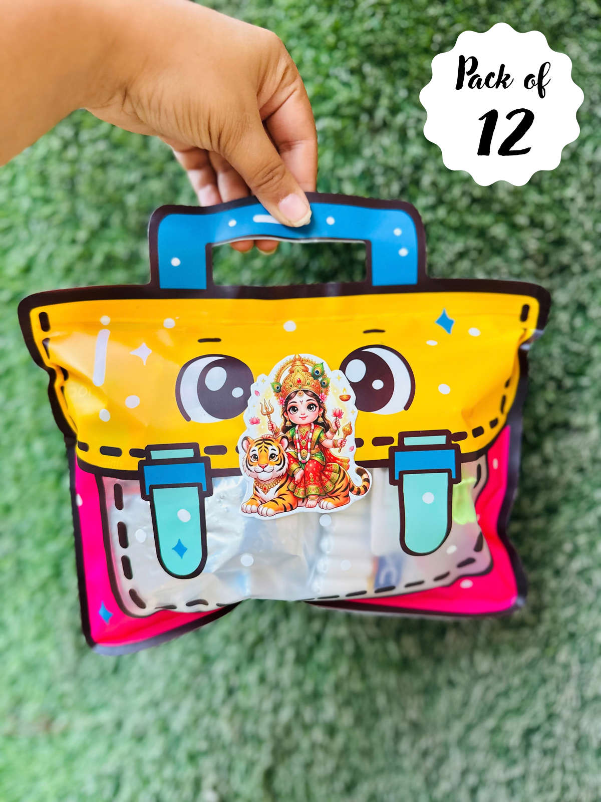 Navratri Kanjak Gift Hamper for Girls, Kids Art and Craft Stationery Set with Hair Accessories, Crayons, Water Colours, Namkeen and Treats, Pack of 12