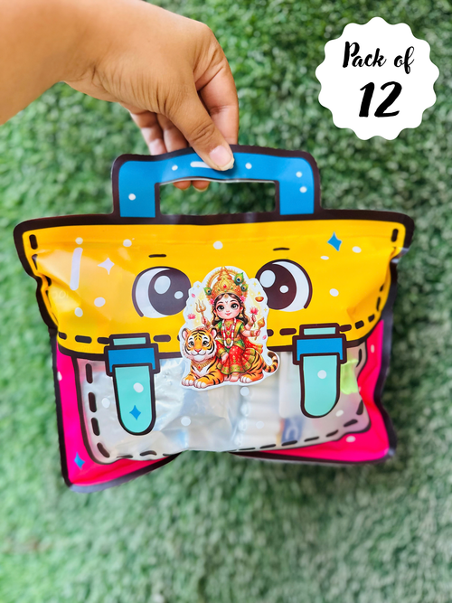 Navratri Kanjak Gift Hamper for Girls, Kids Art and Craft Stationery Set with Hair Accessories, Crayons, Water Colours, Namkeen and Treats, Pack of 12