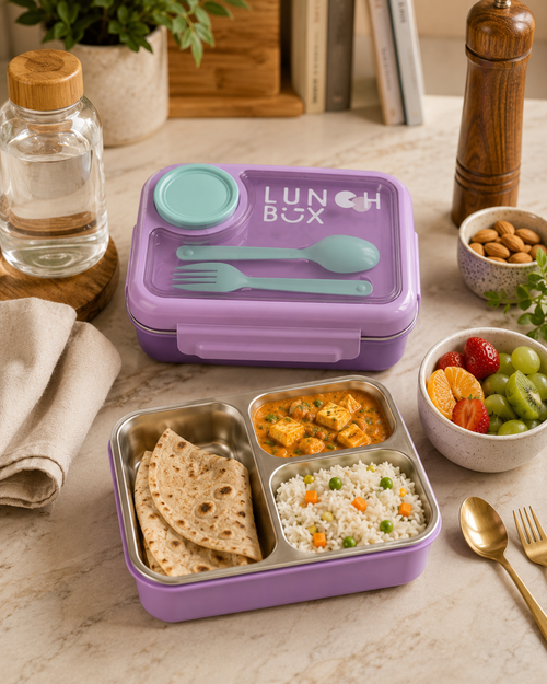 3 Compartment Stainless Steel Leakproof Lunch Box with Spoon & Fork