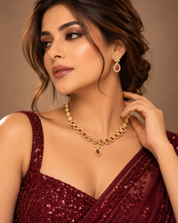 AD Necklace Set for Women, Premium Gold-Look American Diamond Jewellery with Necklace & Matching Earrings, Traditional Festive Wedding Jewellery for Saree & Ethnic Wear