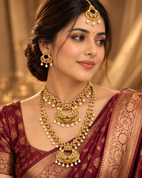 South Indian Style Necklace Set for Women, Multicolour Gold-Look Temple Jewellery with 2 Necklaces, Earrings & Maang Tikka, Traditional Wedding & Festive Jewellery