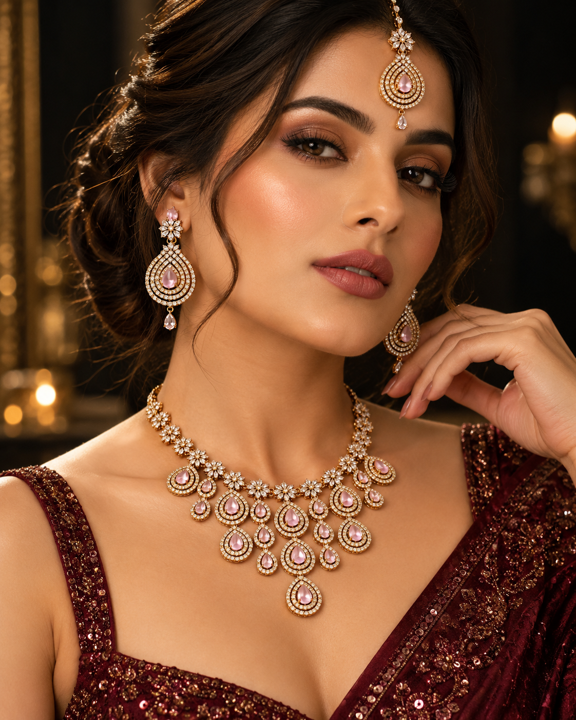 Premium AD Necklace Set for Women with Earrings & Maang Tikka, Heavy Festive Jewellery Set for Wedding, Karwa Chauth, Diwali & Party
