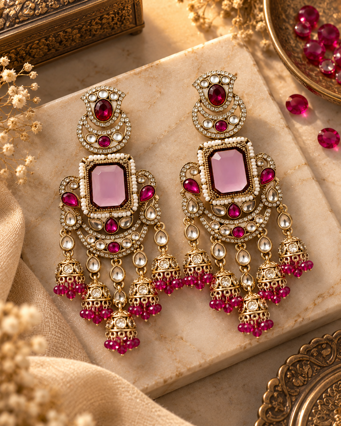 Premium Festive Indian Earrings for Women, Heavy-Look Lightweight Statement Earrings with Pink & Red Stones and Pearl Detailing for Karwa Chauth, Diwali, Weddings & Functions