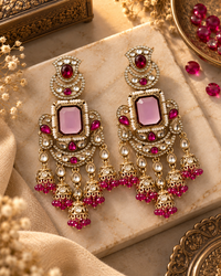 Premium Festive Indian Earrings for Women, Heavy-Look Lightweight Statement Earrings with Pink & Red Stones and Pearl Detailing for Karwa Chauth, Diwali, Weddings & Functions