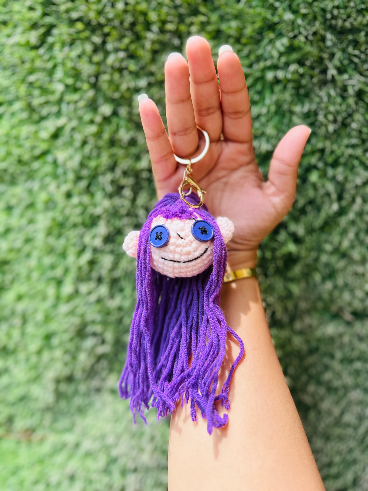 Crochet Doll Keychain with Purple Yarn Hair and Button Eyes, Cute Doll Bag Charm & Backpack Charm for Girls, Boys & Gifting