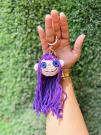 Crochet Doll Keychain with Purple Yarn Hair and Button Eyes, Cute Doll Bag Charm & Backpack Charm for Girls, Boys & Gifting