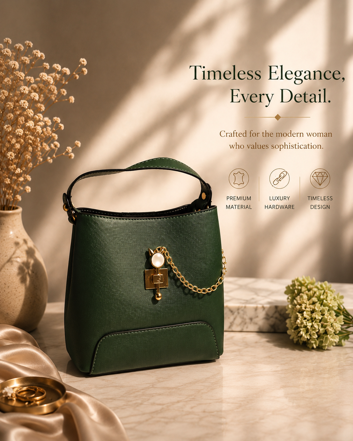 Pearl Chain Handheld Bag for Women with Sling Strap & 3 Compartments | Premium Structured Handbag